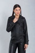 Jaqueta de couro bovino feminina preta, modelo Biker — Magon Concepth