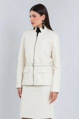 Jaqueta Celi Alongada de Couro Pelica Off White