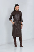 Vestido de couro pelica feminino marrom, modelo Mirela Midi — Magon Concepth