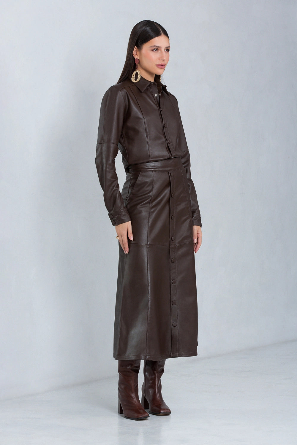 Saia Anna Longa de Couro Pelica Brown