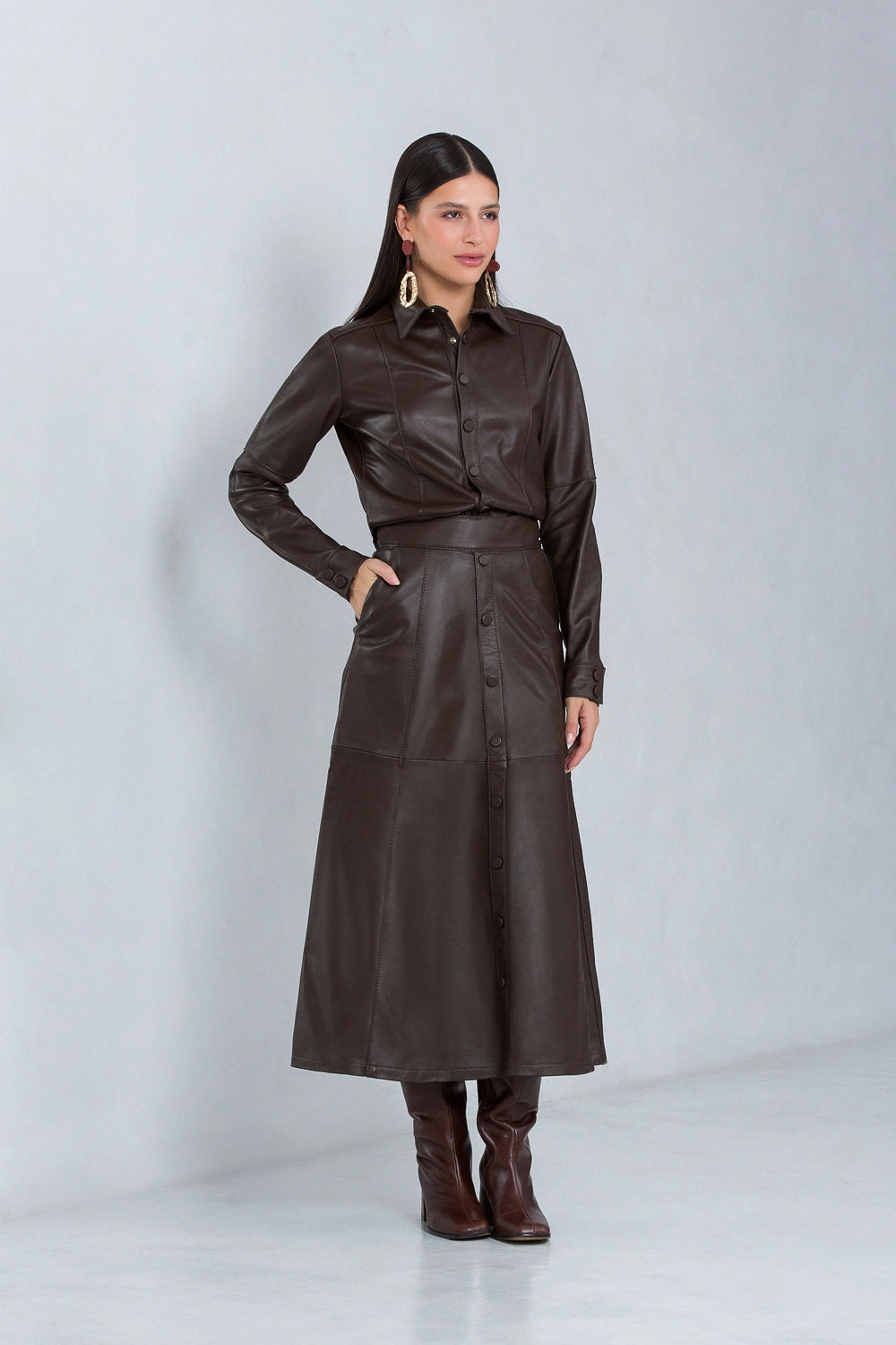 Saia Anna Longa de Couro Pelica Brown