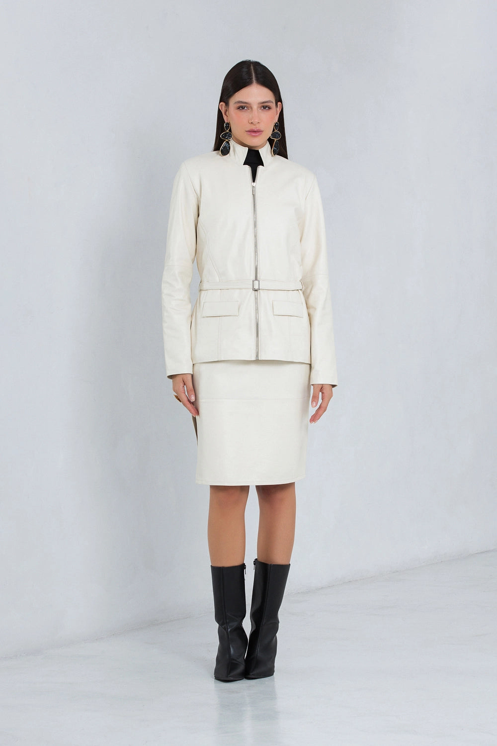Jaqueta Celi Alongada de Couro Pelica Off White
