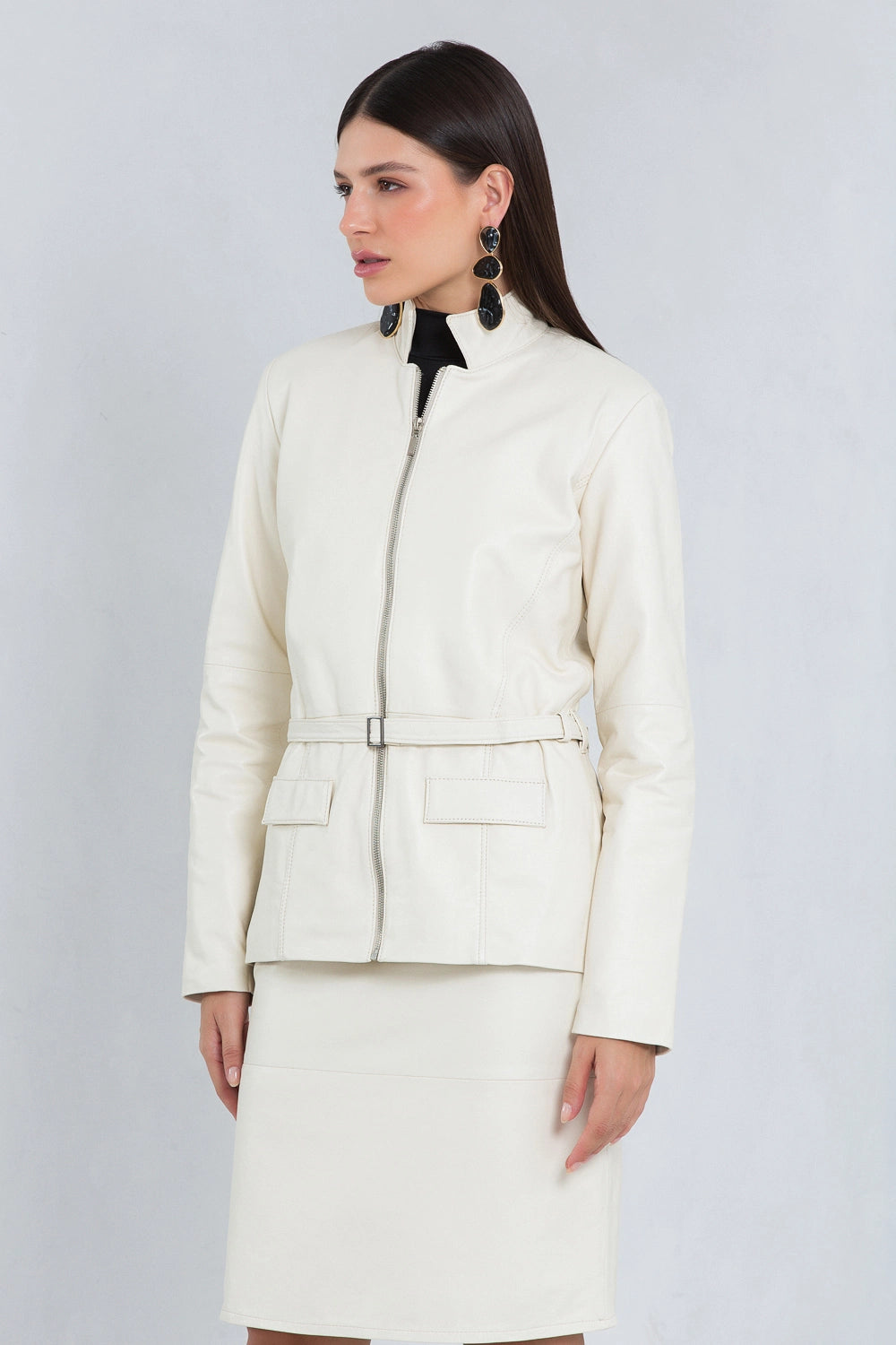 Jaqueta Celi Alongada de Couro Pelica Off White