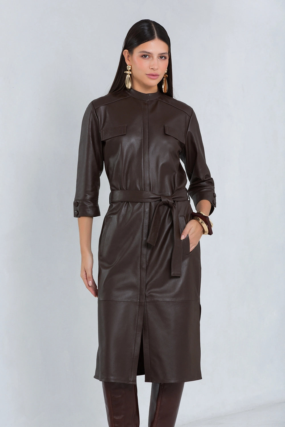 Vestido Mirela Midi Couro Pelica Brown