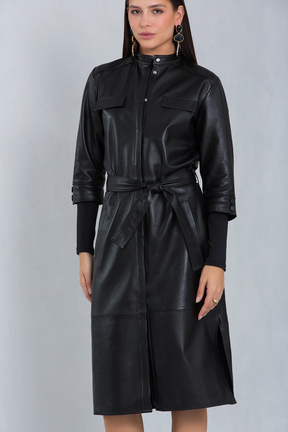 Vestido Mirela Midi Couro Pelica Preto