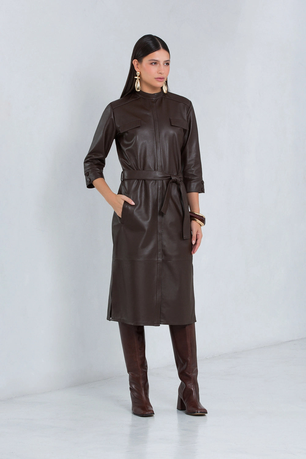 Vestido Mirela Midi Couro Pelica Brown