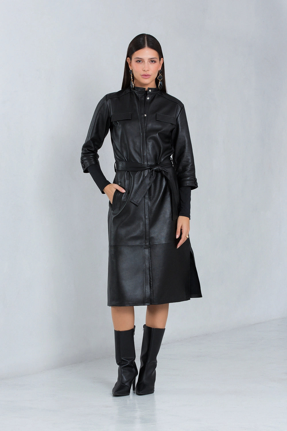 Vestido Mirela Midi Couro Pelica Preto