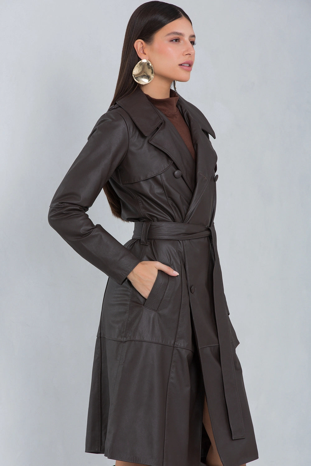 Trench Coat Midi Zafira de Couro Bovino Dark