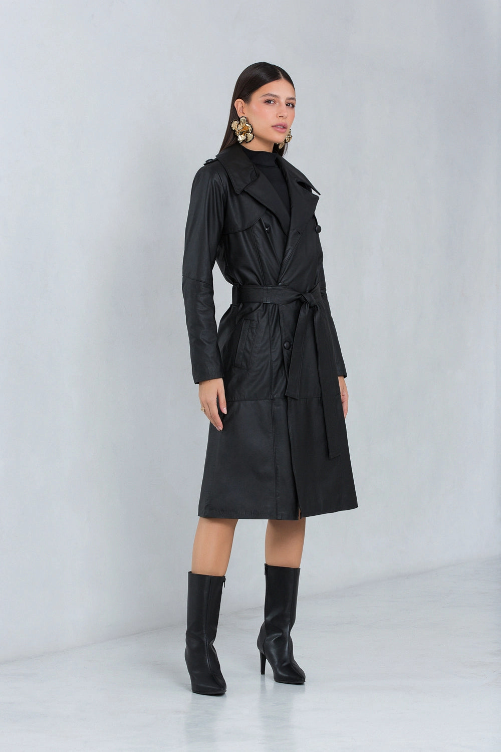 Trench Coat Midi Zafira de Couro Bovino Preto