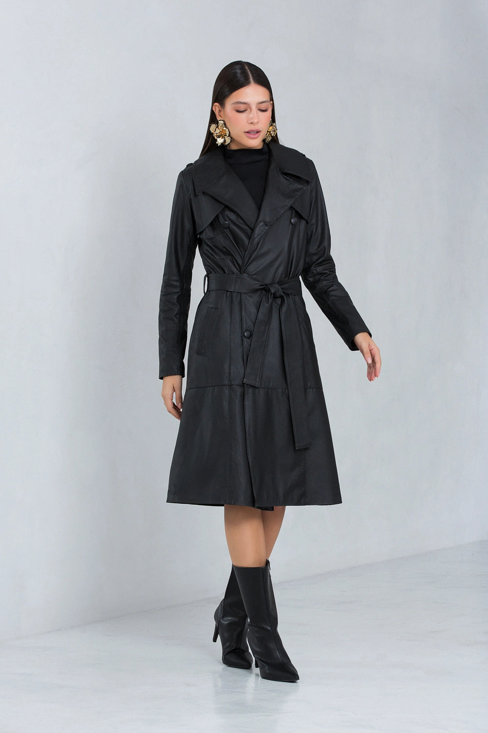 Trench Coat Midi Zafira de Couro Bovino Preto