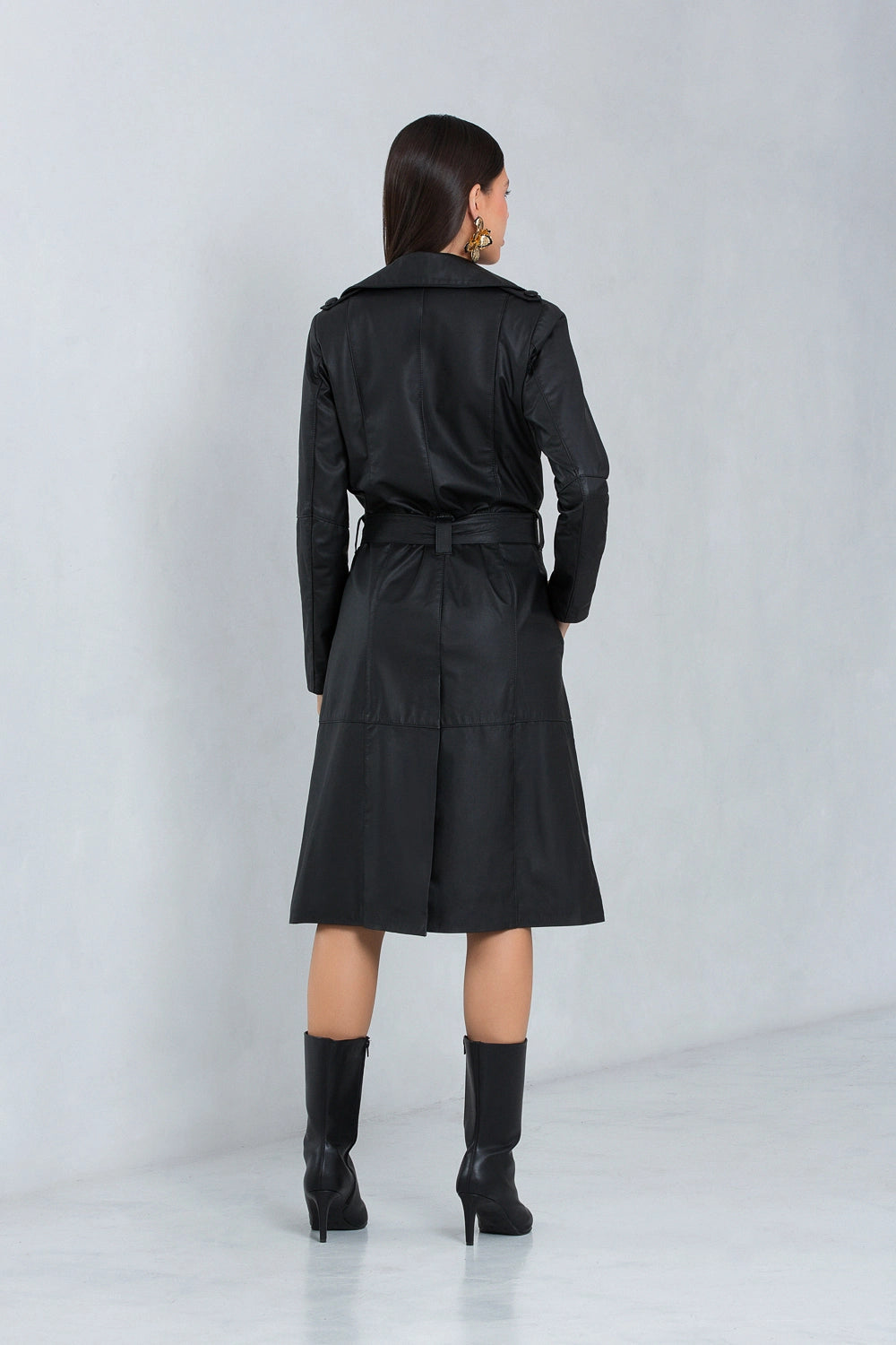 Trench Coat Midi Zafira de Couro Bovino Preto
