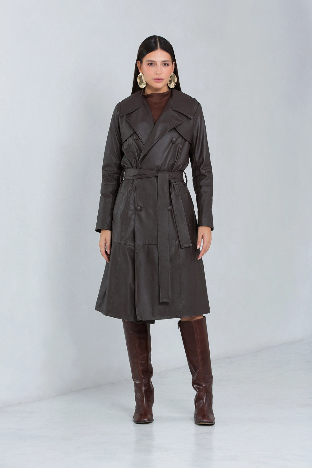 Trench Coat Midi Zafira de Couro Bovino Dark
