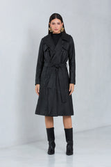 Trench Coat Midi Zafira de Couro Bovino Preto