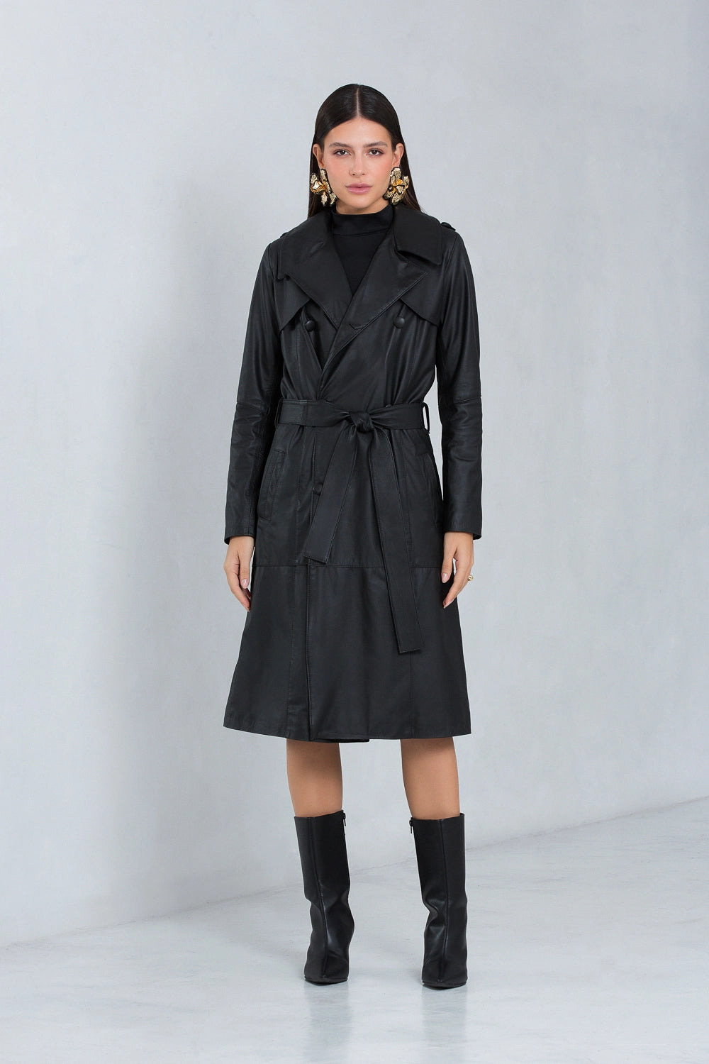 Trench Coat Midi Zafira de Couro Bovino Preto